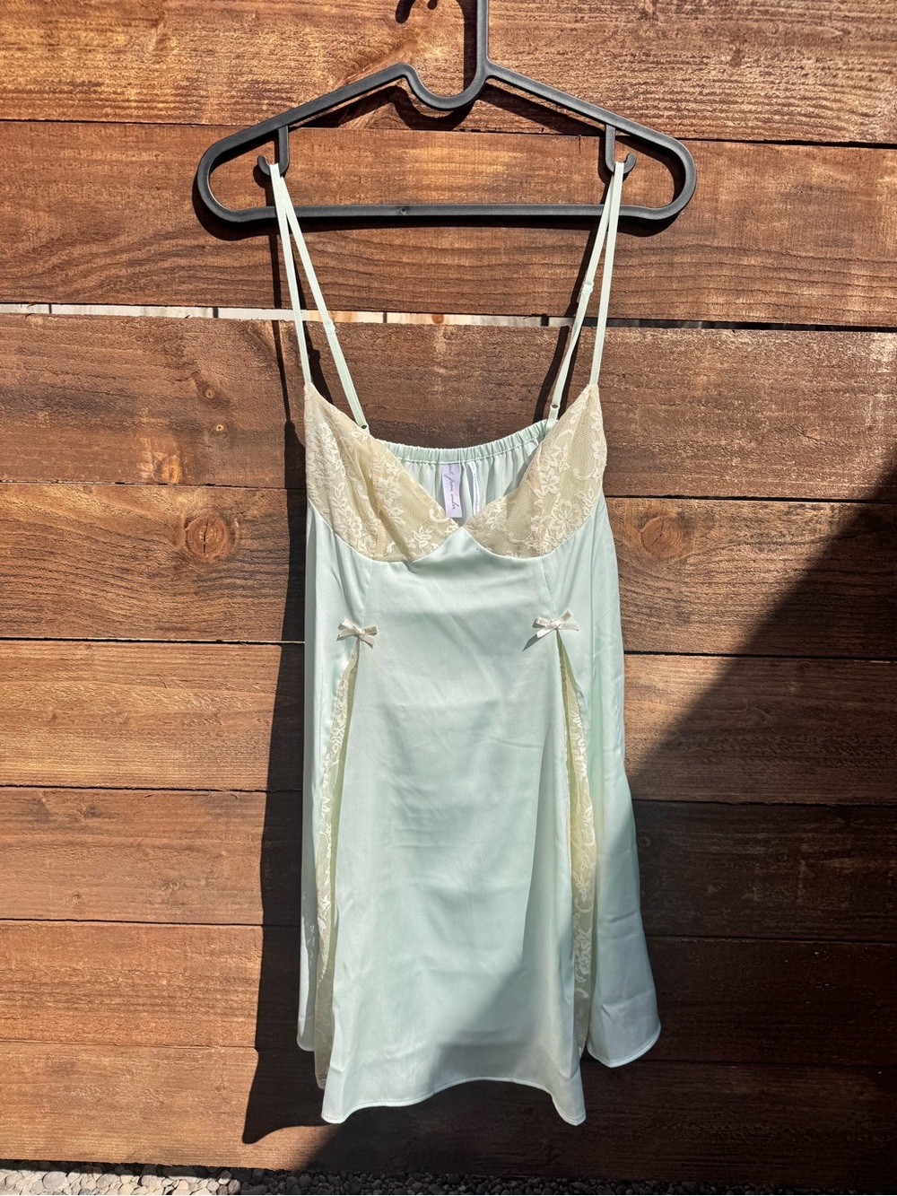 Women's Pale Mint Satin Mini Slip with Cream Lace